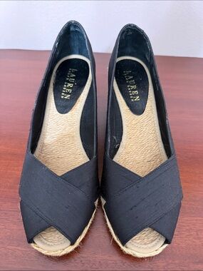 Lauren Ralph Lauren Black Espadrille Wedge Peep-Toe Sandals